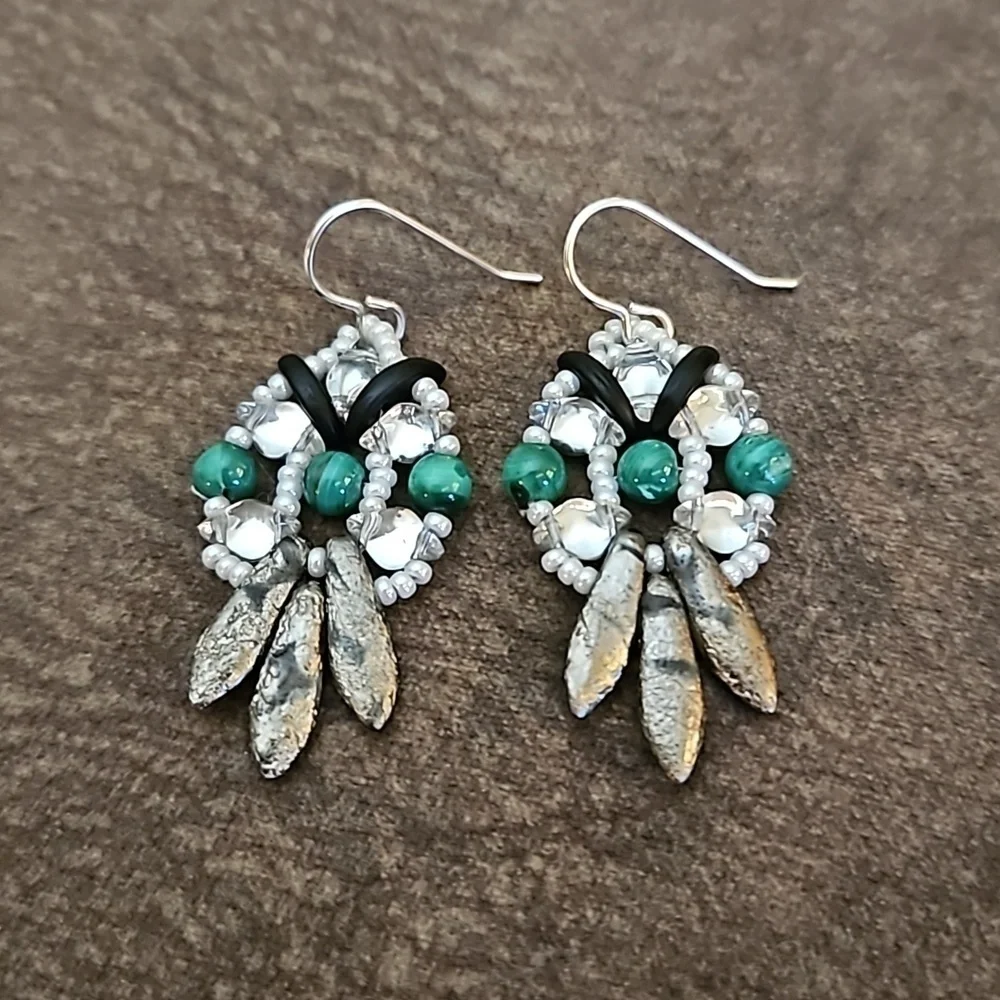 HANDMADE Czech Glass Malachite Dagger Bead Woven Dangle Hook Earrings - Picture 2 of 4